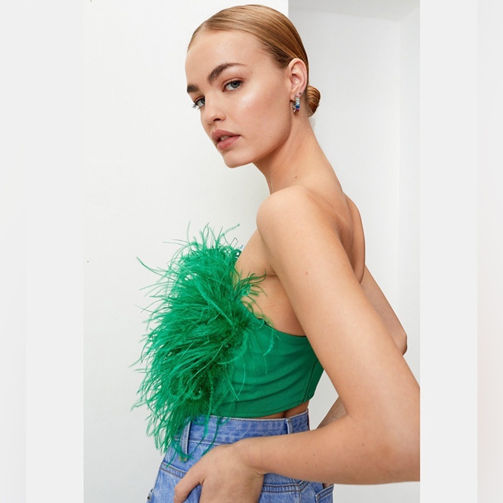 Nasty Gal Green Feather Bandeau Tube Top Crop US 4 - Picture 2 of 7